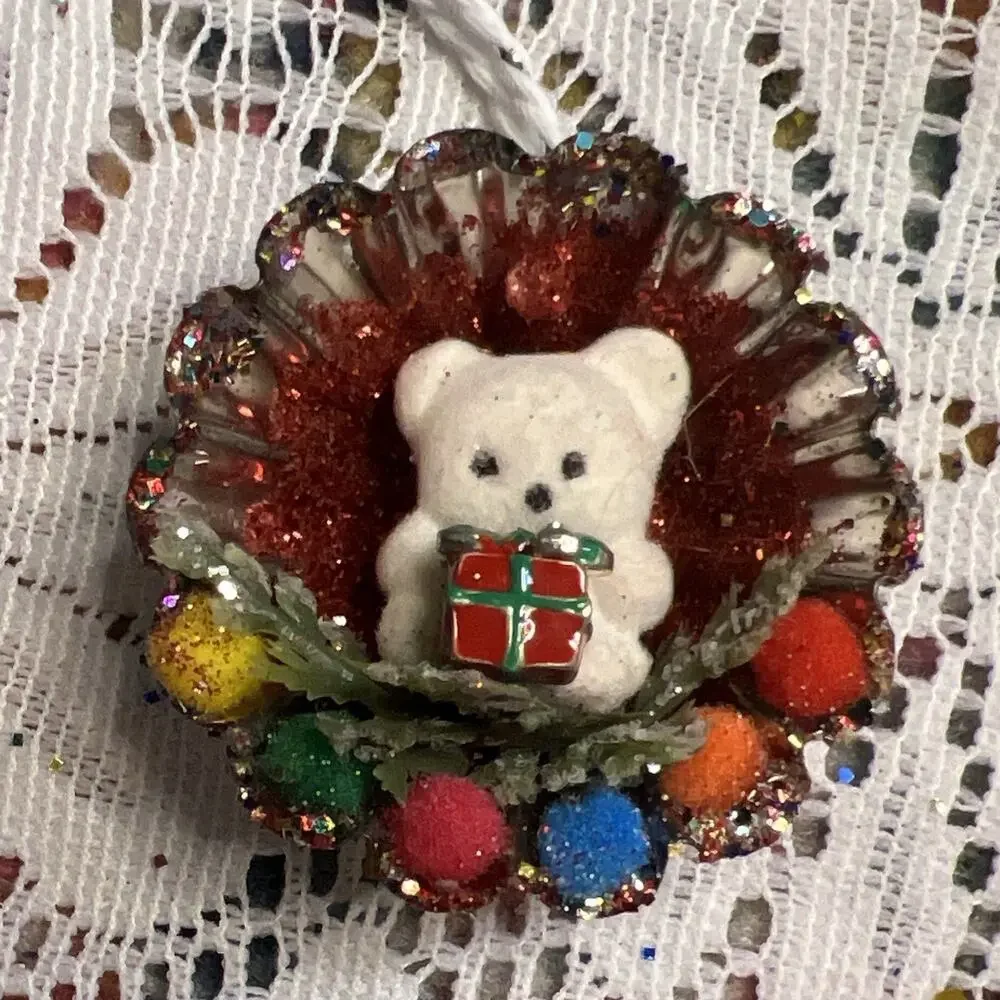 Vintage Round Tart Tin Flocked Fuzzy Bears Set/3 Diorama Mid Century Ornaments